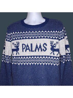 Palms Casino Mens Christmas Sweater L Blue & White Reindeer